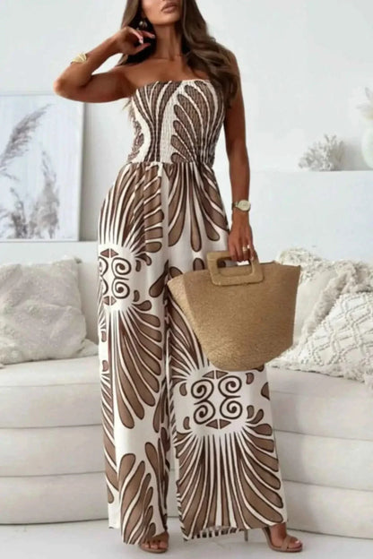 Printed Smocked : Tube Wide Leg Jumpsuit