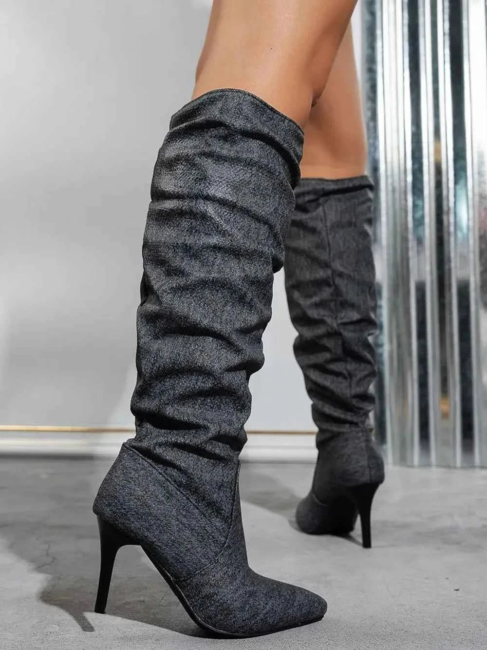 Denim Point Toe : Stiletto Boots