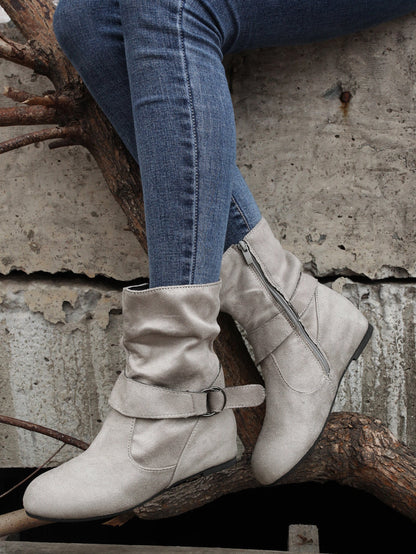 踝靴 圓頭 扣環 皮帶 側邊拉鍊靴