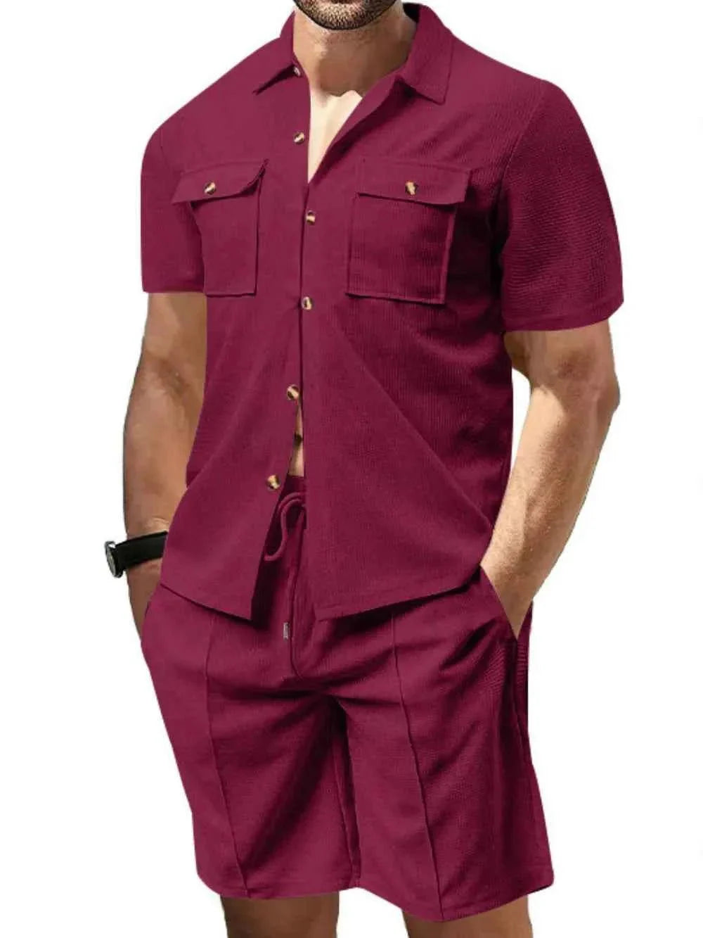 Men's Full Size Button Down Short Sleeve Top and Shorts Set Plus Size
