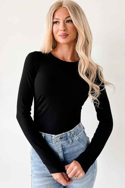 Dearlovers Black Ribbed Long Sleeve Crew Neck Solid Color Bodysuit