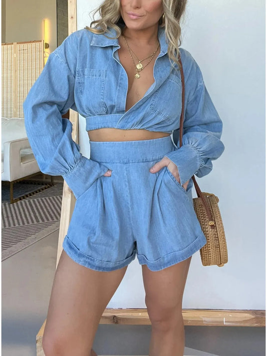 Long Sleeve Top and Shorts Denim Set Plus Size for women