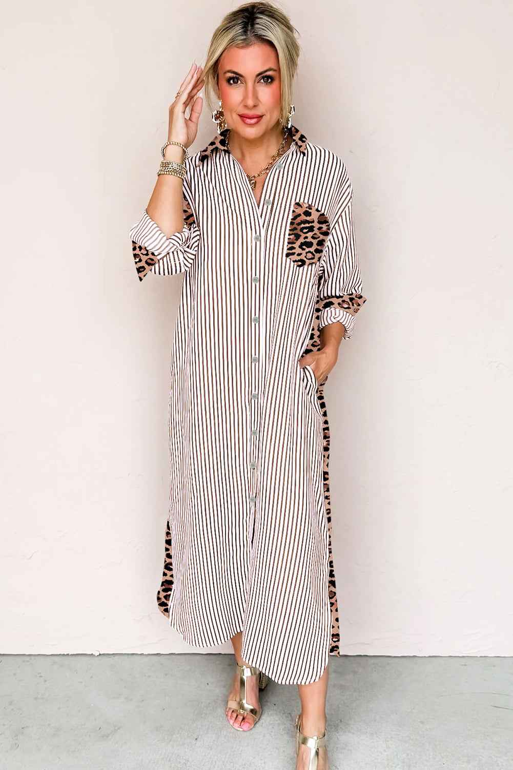 Brown Stripe Contrast Leopard Patchwork Long Shirt Dress with Slits