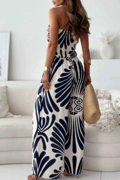 Printed Smocked : Tube Wide Leg Jumpsuit