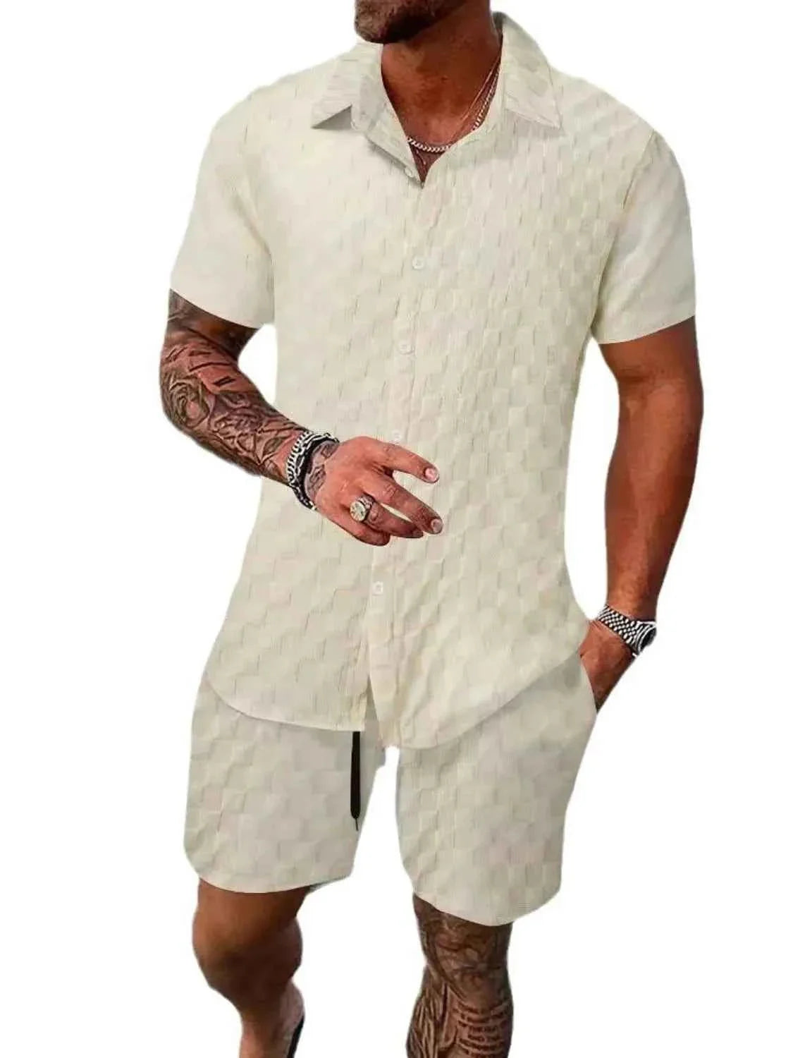 Men's Full Size Collared Neck Short Sleeve Top and Shorts Set Plus Size