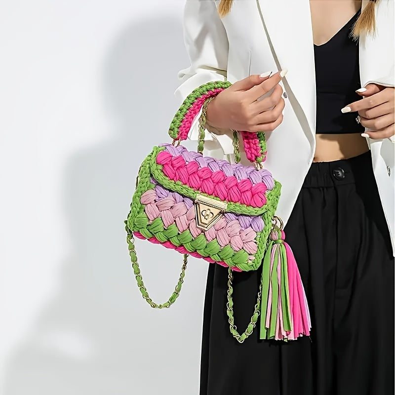 Bolso bandolera mini con borlas de crochet estilo bohemio y elegante con bloques de color