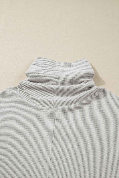 Light Grey Textured Knit Drawstring Cowl Neck Oversize Top with Side Slits