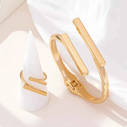 Adjustable 18K Gold-Plated Modern Bar Bracelet and Ring Jewelry Set