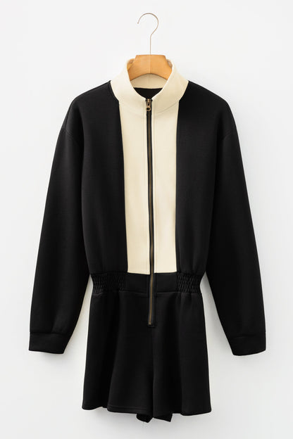 Black Two-tone Long Sleeve Zipped Front Casual Romper