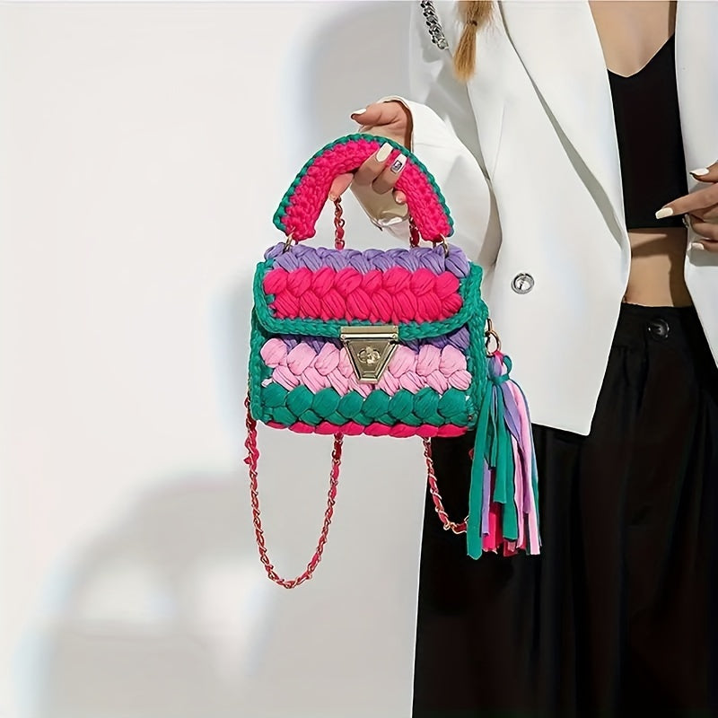 Bolso bandolera mini con borlas de crochet estilo bohemio y elegante con bloques de color