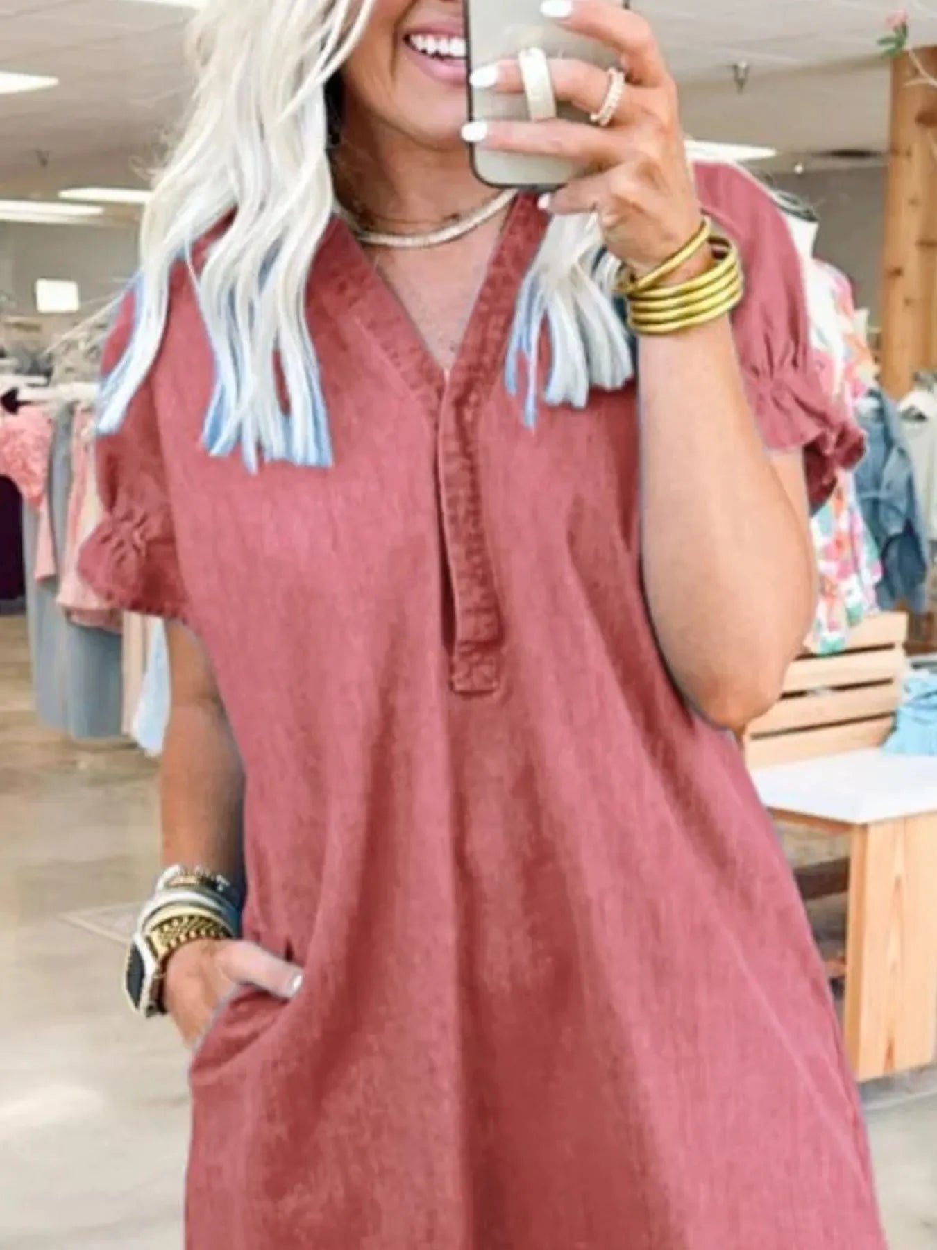 全碼V領短袖牛仔連身裙 大尺寸