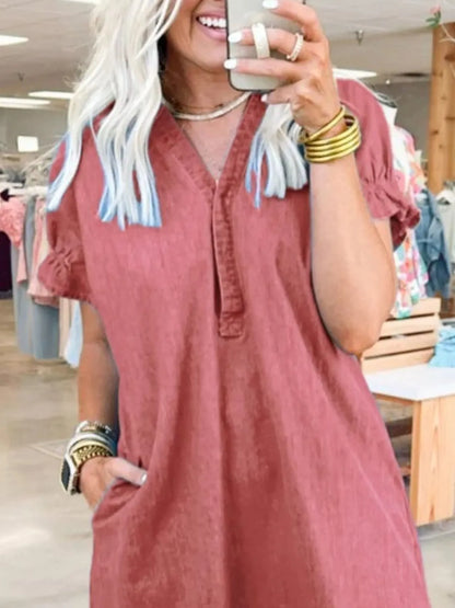 全碼V領短袖牛仔連身裙 大尺寸