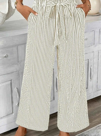 Full Size Striped Wide Leg Paper Bag Pants Plus Size