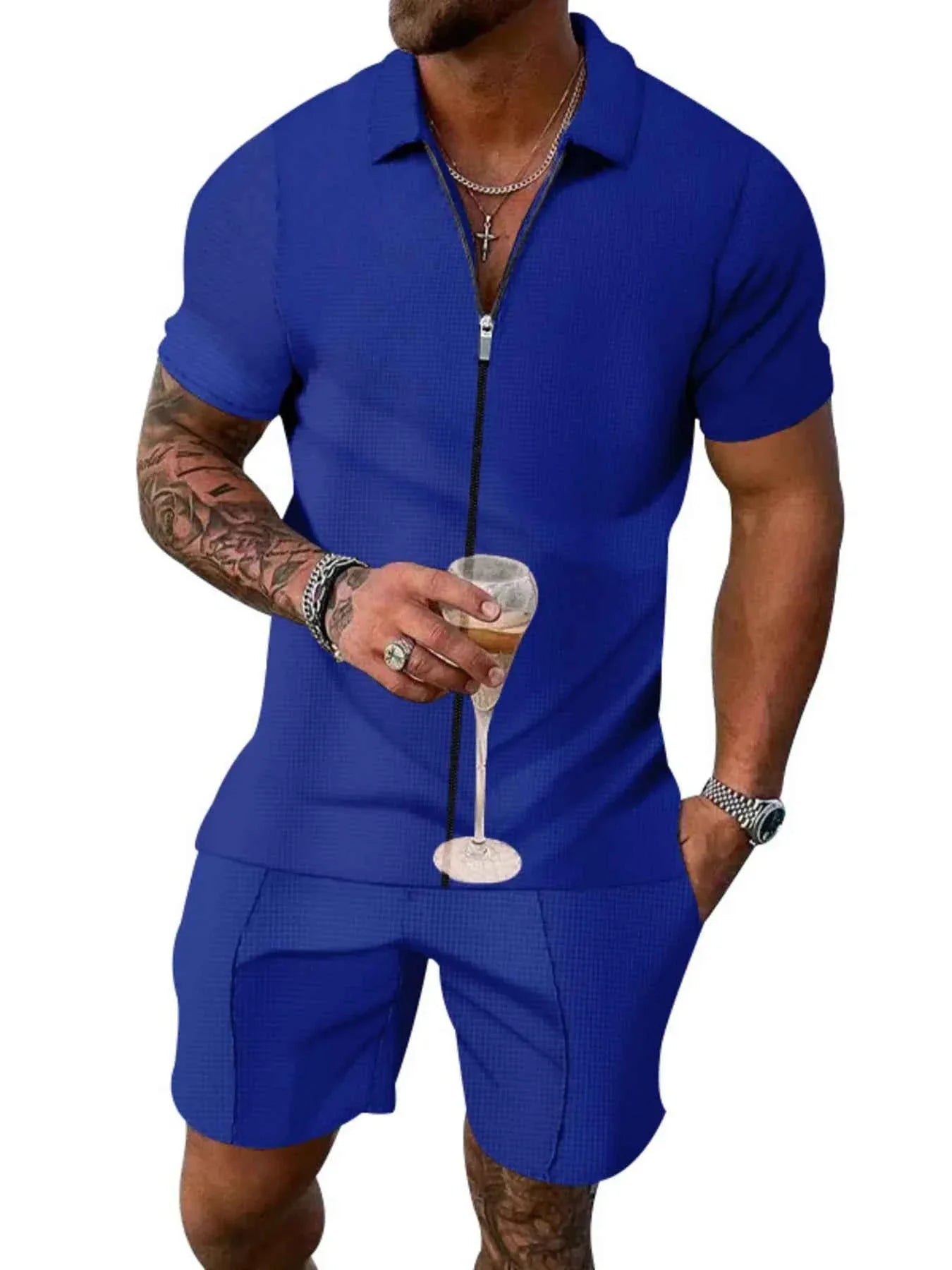 Men's Plus Size Zip Up Short Sleeve Top and Shorts Set