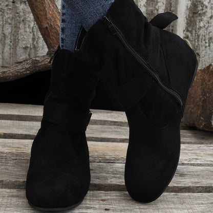 踝靴 圓頭 扣環 皮帶 側邊拉鍊靴