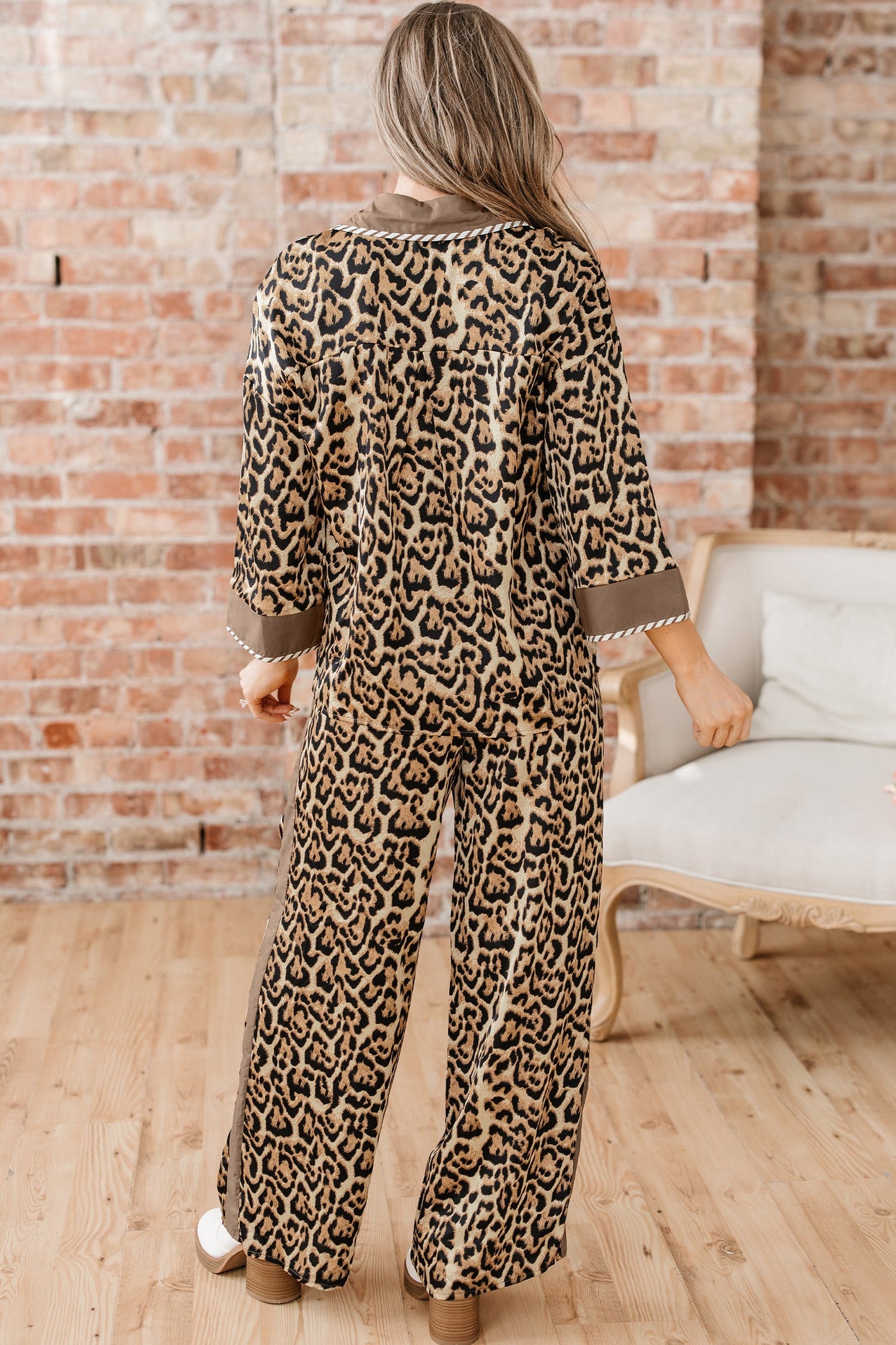 Brown Leopard Collared 3/4 Sleeve Shirt and Loose Pants Two Piece Outfit Set