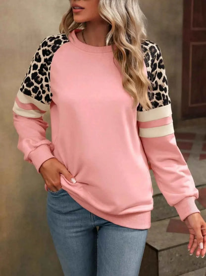 Leopard Round Neck Raglan Sleeve Sweatshirt