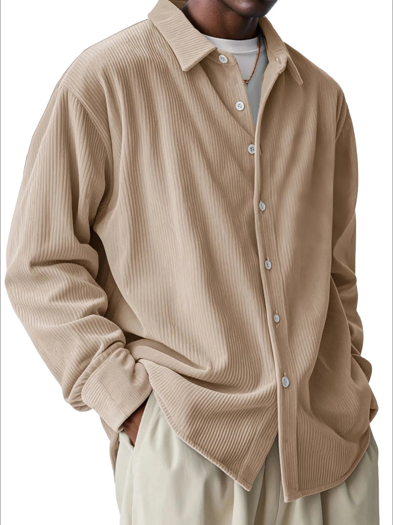 Men's Full Size Textured Button-Down Corduroy Shirt Plus Size