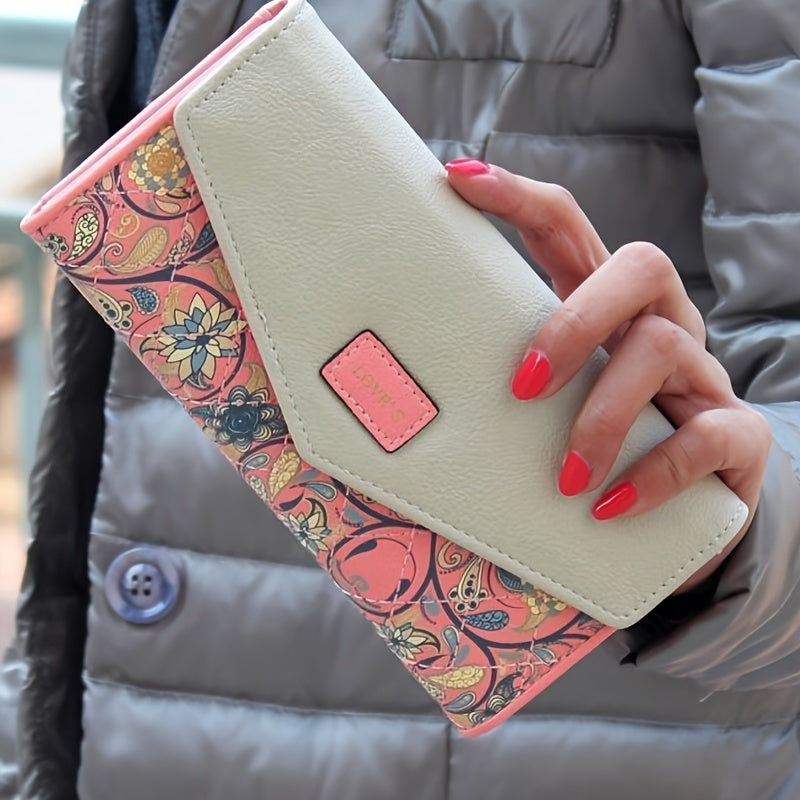Cartera elegante con diseño floral y tarjetero con bolsillo para teléfono