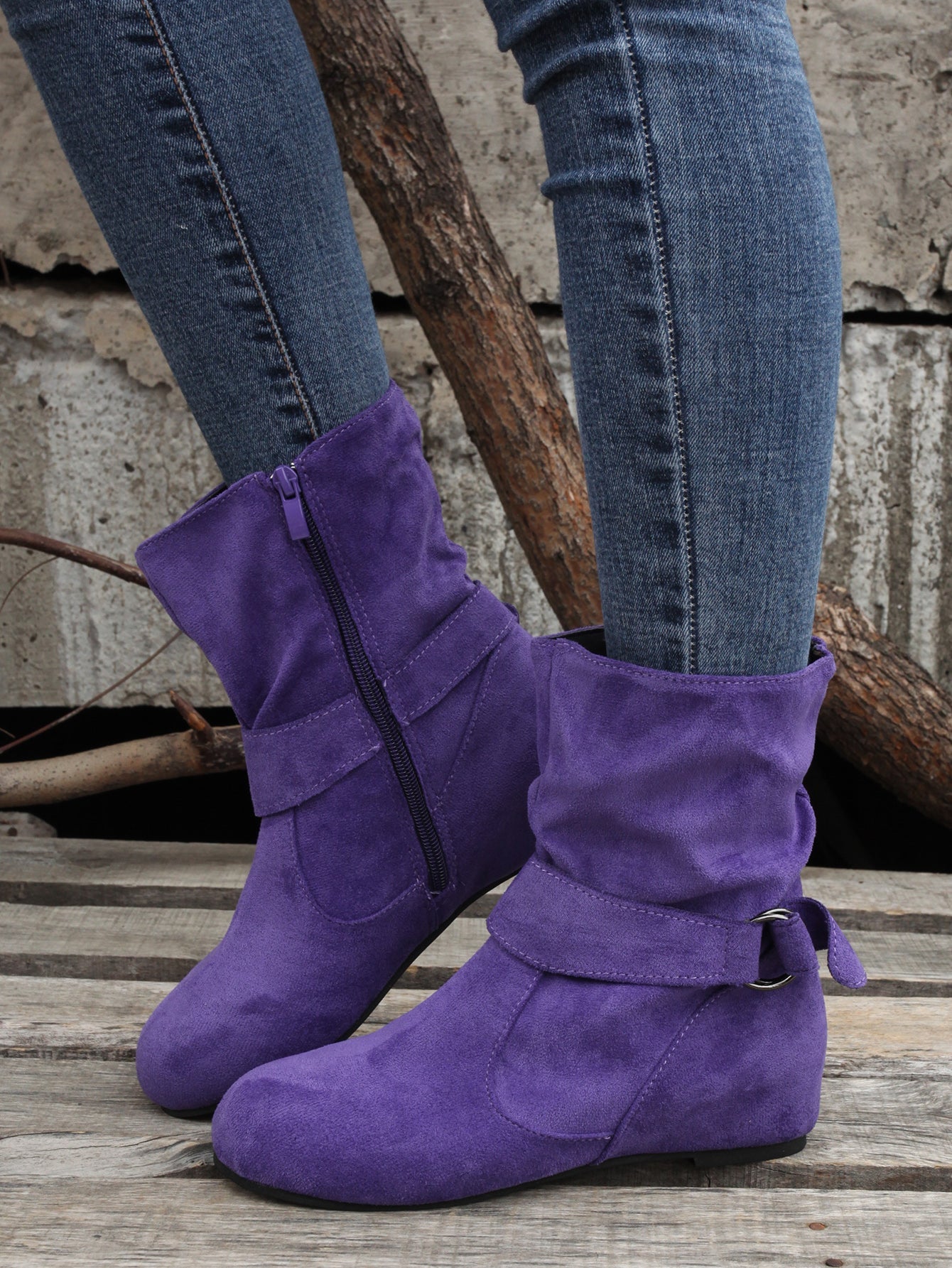 踝靴 圓頭 扣環 皮帶 側邊拉鍊靴