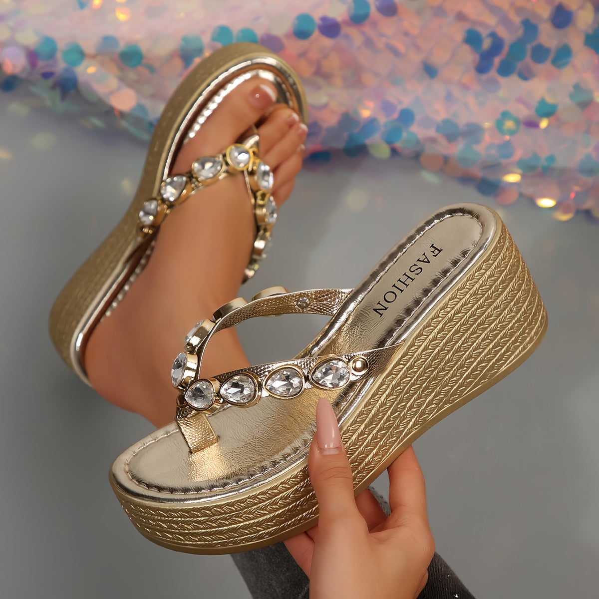 The Wedge-Heeled Flip-Flops with Rhinestones Are Eye-Catching And Glamorous.