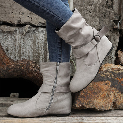 踝靴 圓頭 扣環 皮帶 側邊拉鍊靴