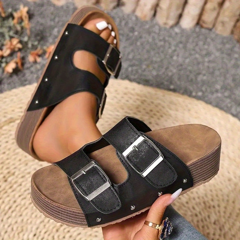 Elegant Summer Flat Sandals, Thick Heel  Double Buckle Strap