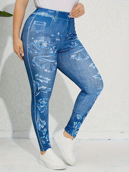 Blue Floral Plus Size High Waisted Leggings