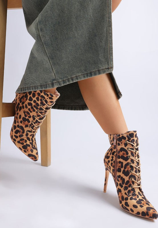 Nesta Leopard Stiletto Heel Lace Up Boots