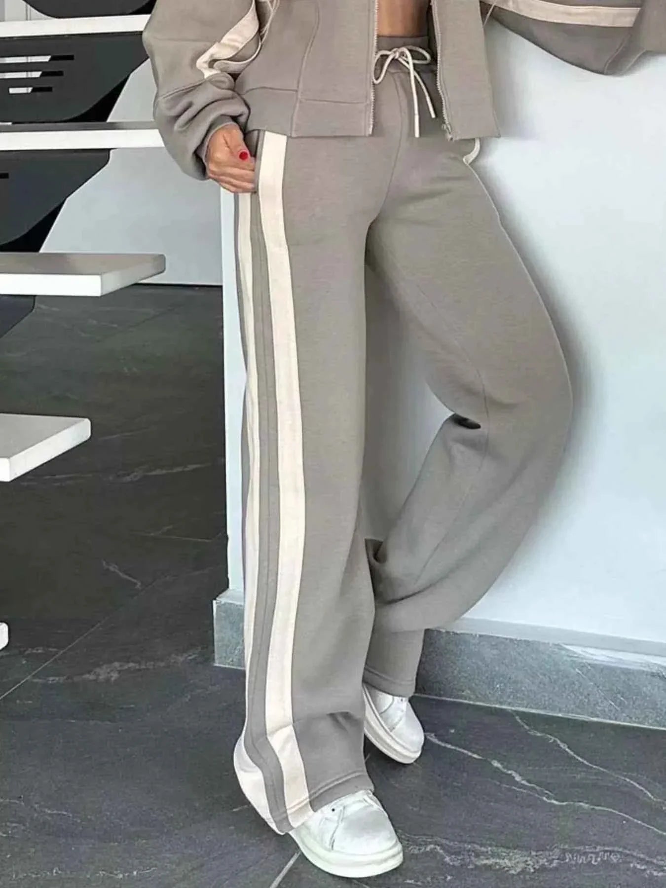 Full Size Contrast Stripe Zip Up Jacket and Pants Set Plus Size