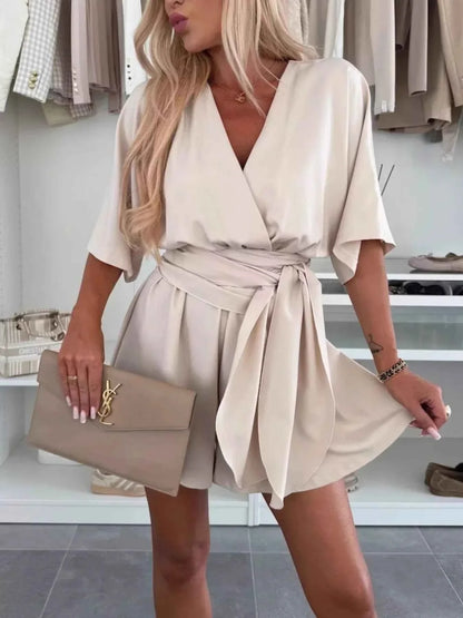 Full Size Surplice Tie Waist Romper Plus Size