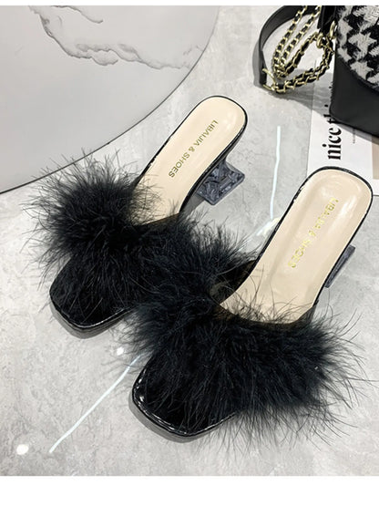Fluffy Strap Block Heel Sandals