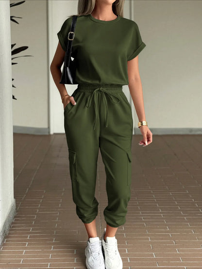 Round Neck Short Sleeve Top and Pants Set