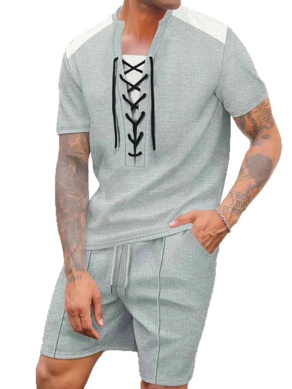 Men's Lace-Up Set Waffle Knit Two-Piece Outfit Plus Size