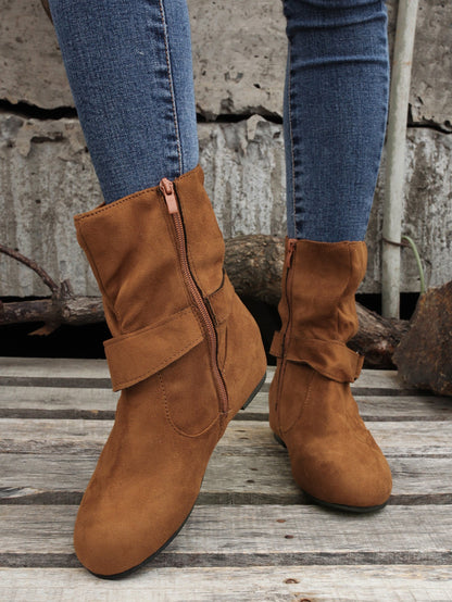 踝靴 圓頭 扣環 皮帶 側邊拉鍊靴