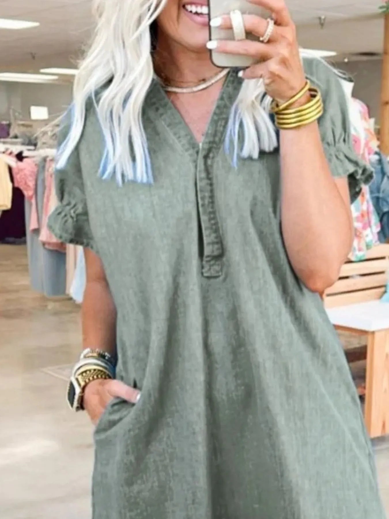 全碼V領短袖牛仔連身裙 大尺寸