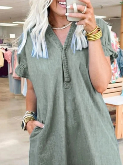 全碼V領短袖牛仔連身裙 大尺寸