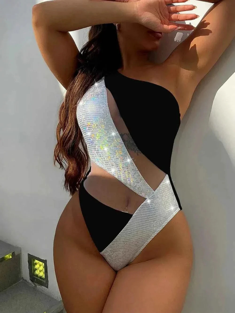 Stylish One-Piece Swimsuit with Contrast Panel Design