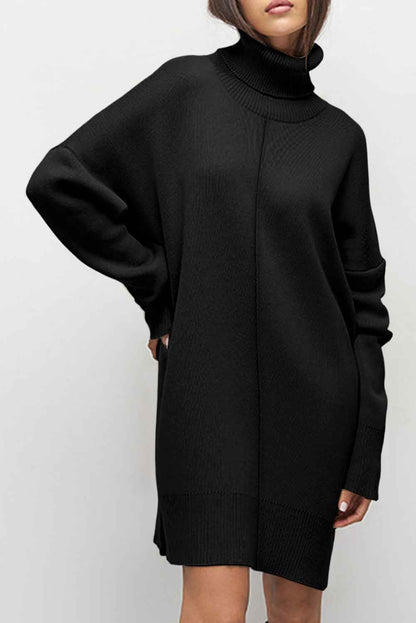 Black Solid Color Turtleneck Drop Shoulder Loose Sweater Dress