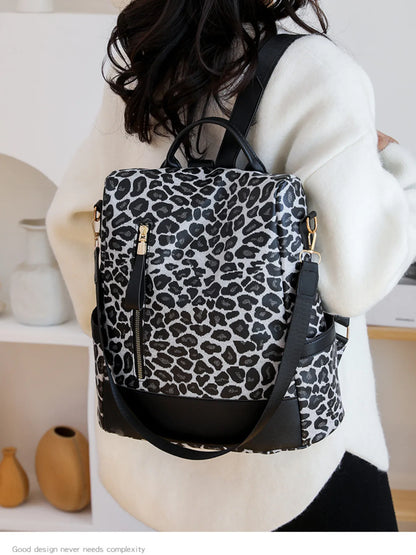 Leopard Print Backpack for Women Premium PU Leather Medium Daypack with Adjustable Straps