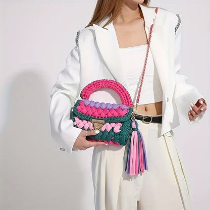 Bolso bandolera mini con borlas de crochet estilo bohemio y elegante con bloques de color