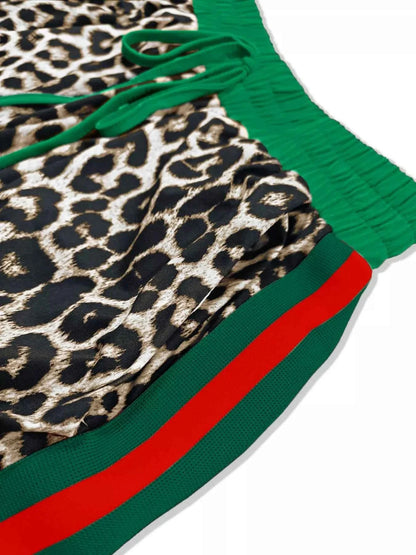 Leopard Round Neck Top and Pants Two-Piece Set