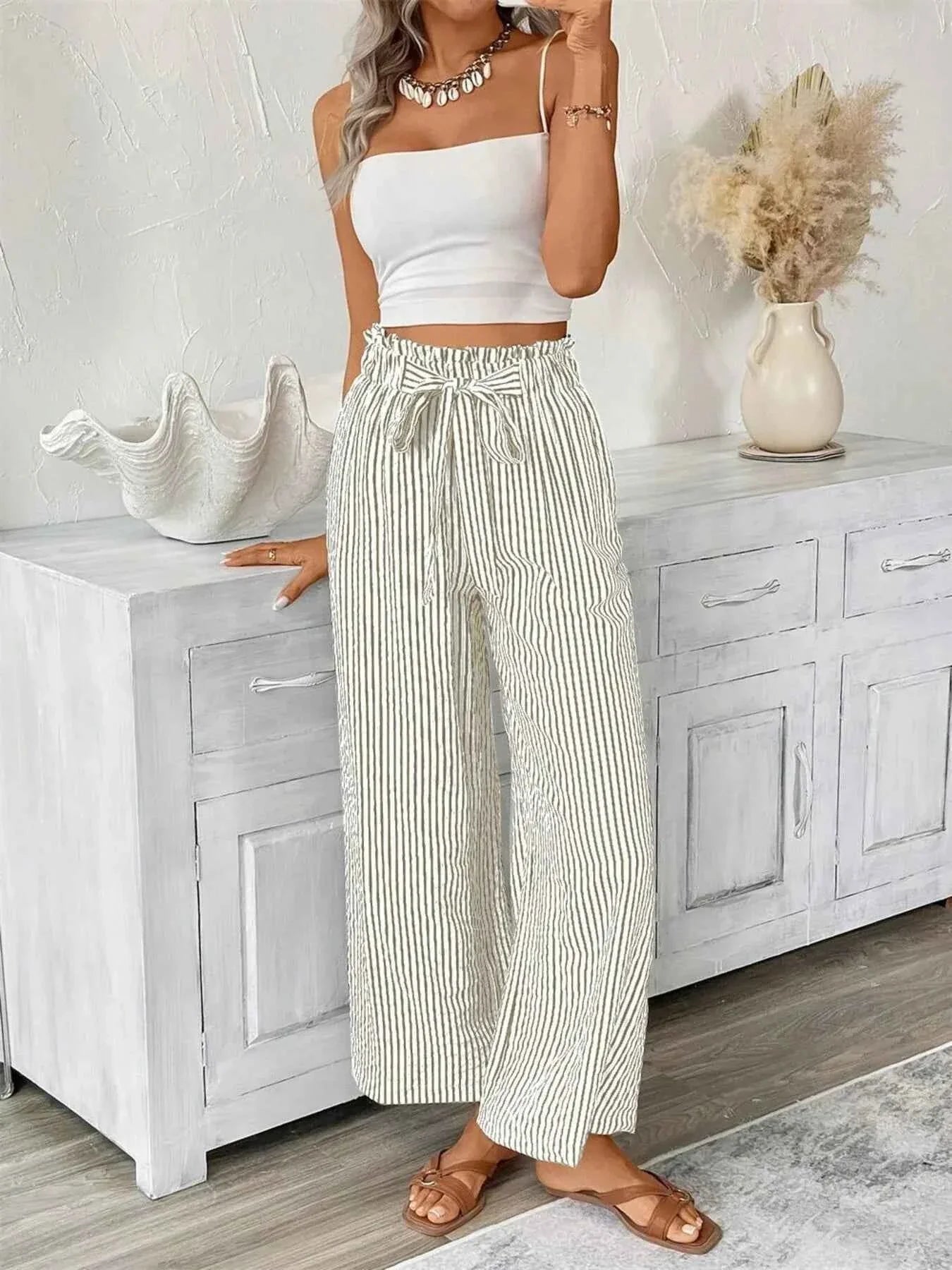 Full Size Striped Wide Leg Paper Bag Pants Plus Size