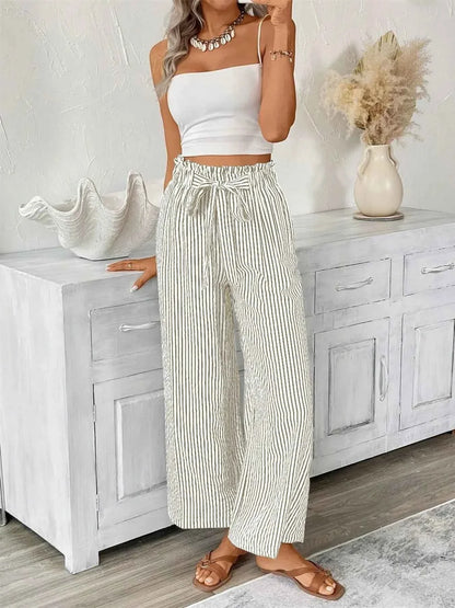 Full Size Striped Wide Leg Paper Bag Pants Plus Size