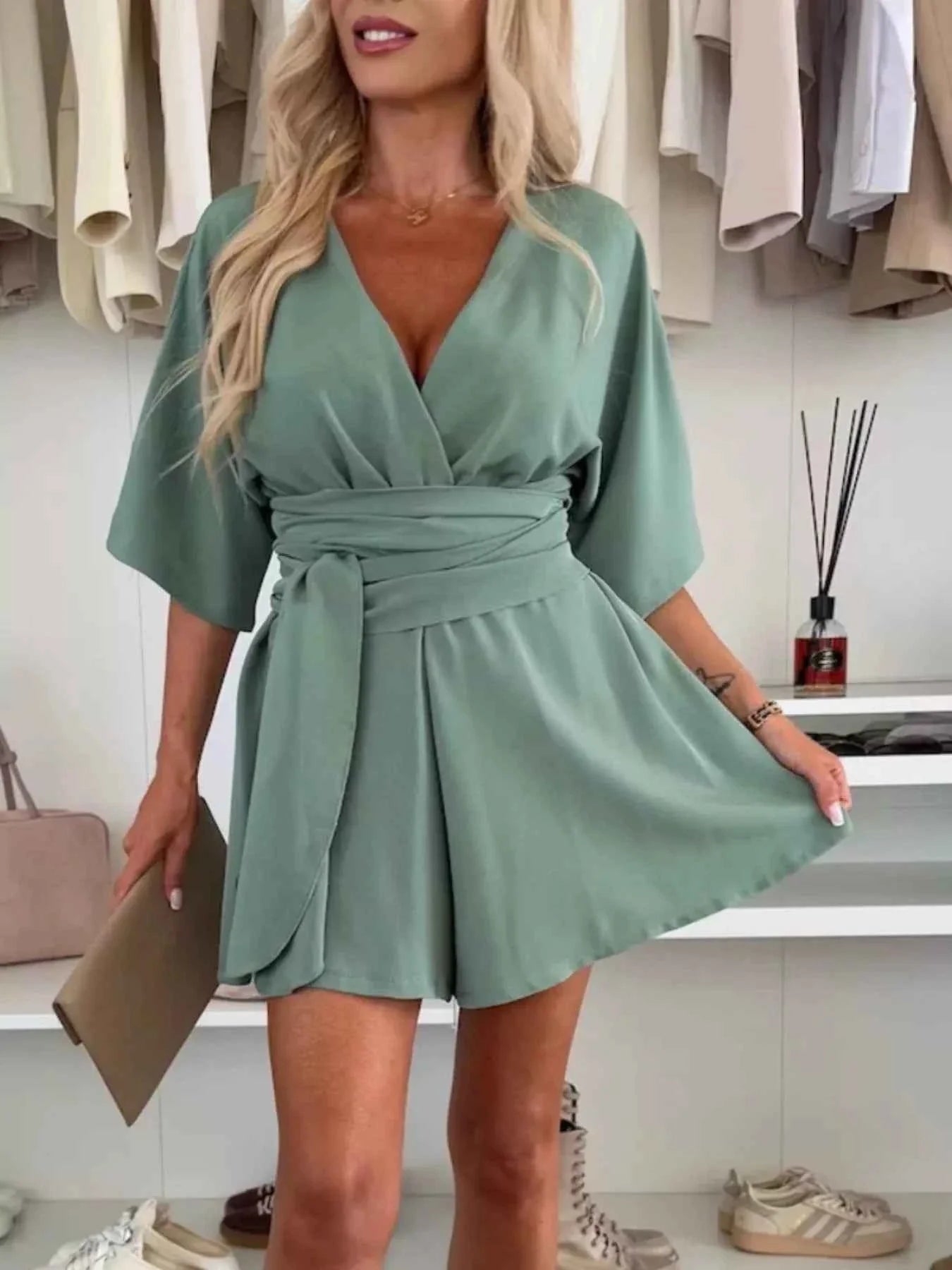 Full Size Surplice Tie Waist Romper Plus Size