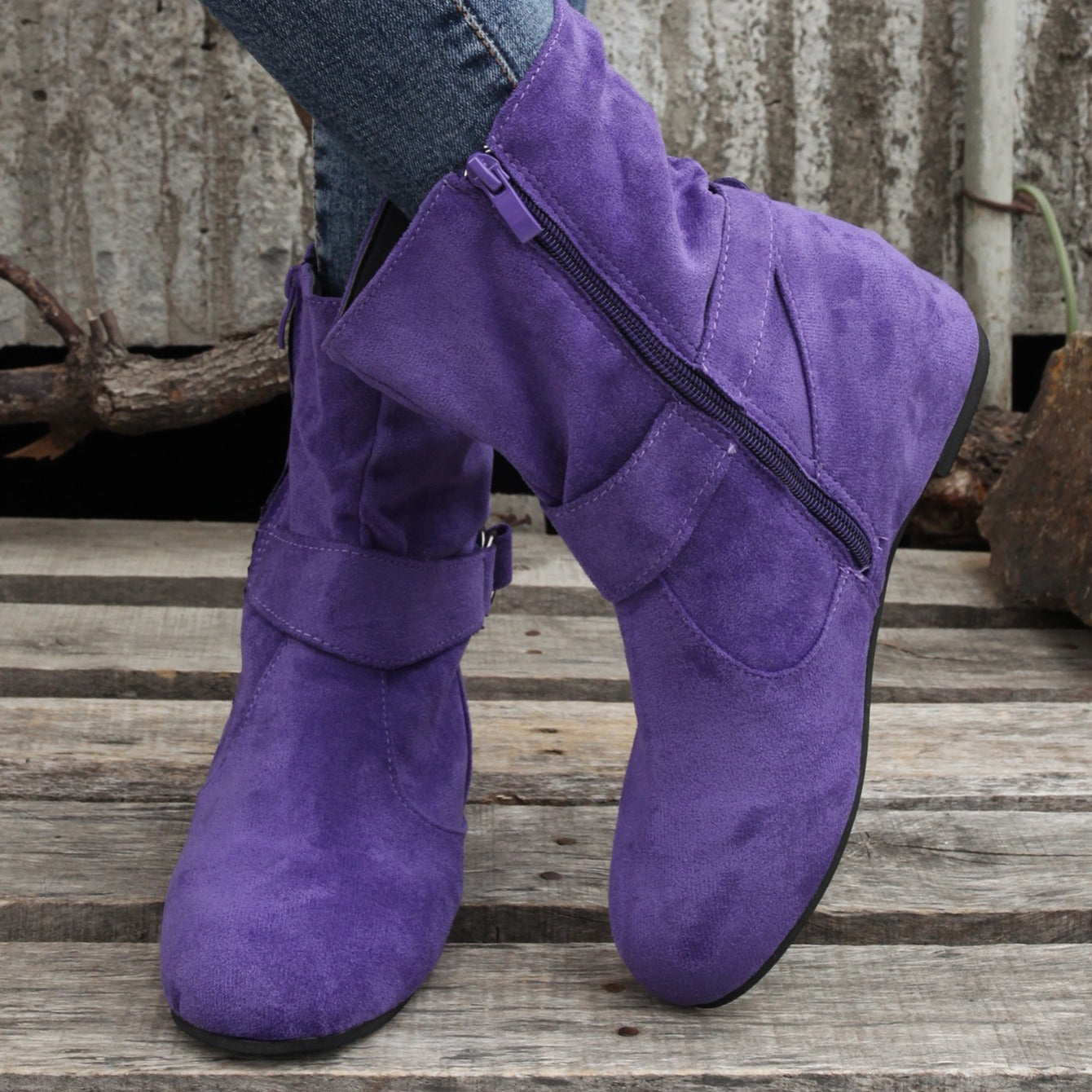 踝靴 圓頭 扣環 皮帶 側邊拉鍊靴