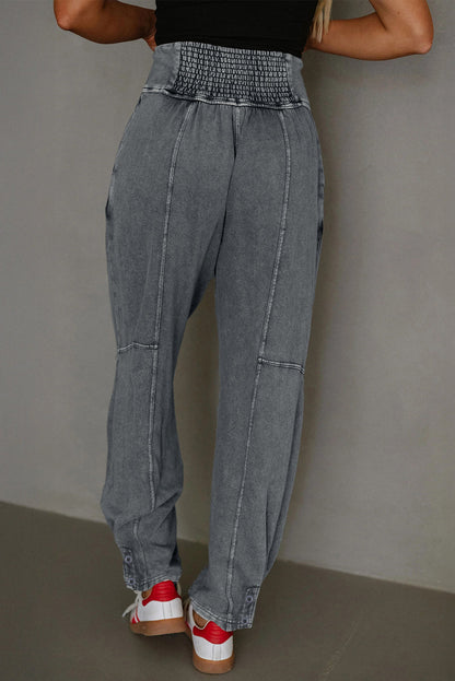 Medium Grey Mineral Wash Jogger Style High Waist Casual Pants