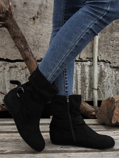 踝靴 圓頭 扣環 皮帶 側邊拉鍊靴