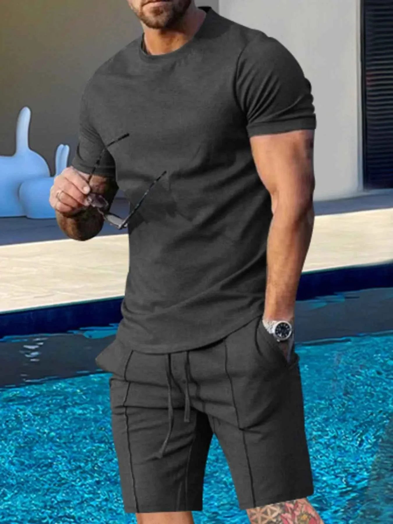 Men's Plus Size Round Neck Short Sleeve Top and Shorts Set