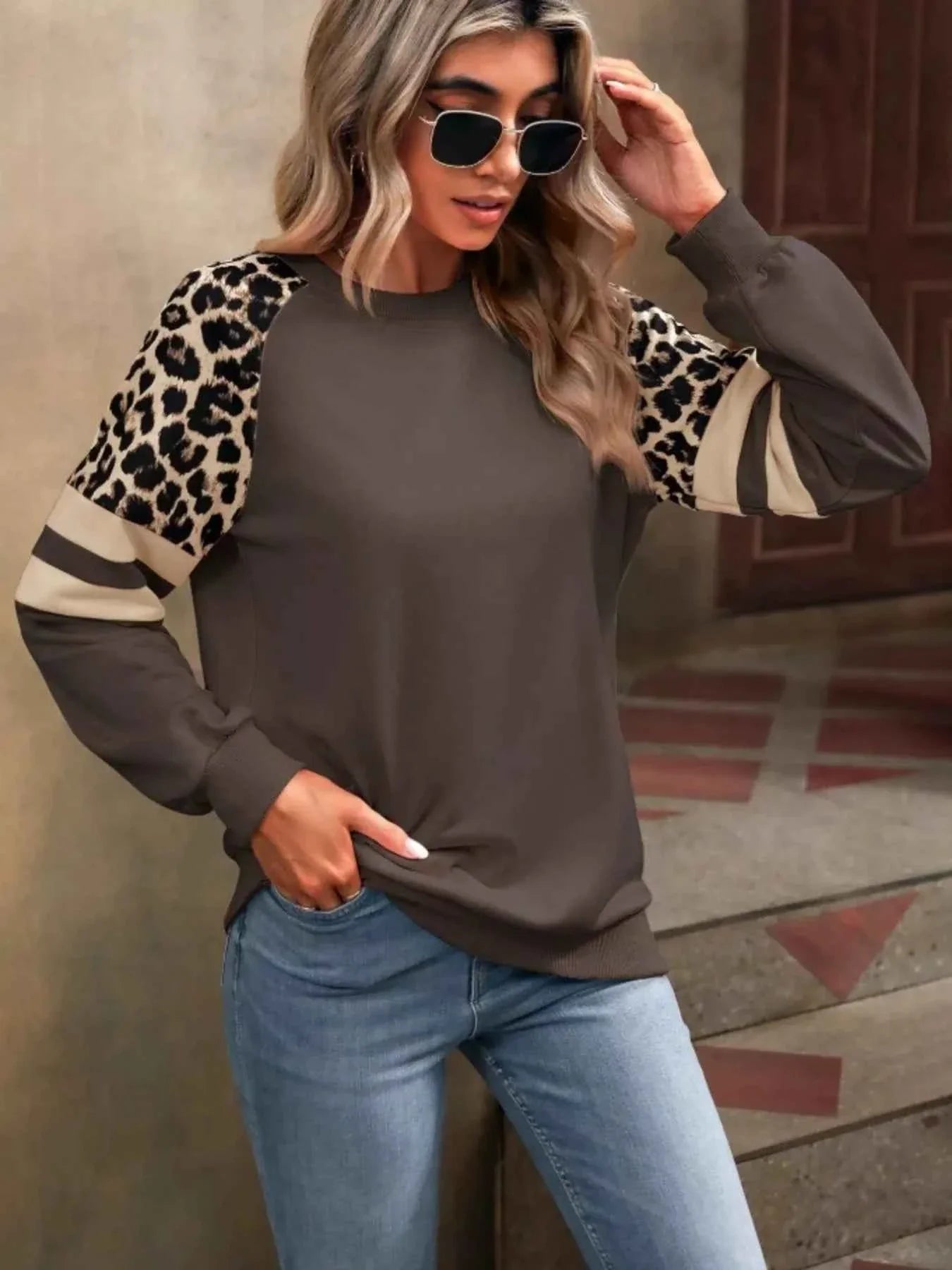 Leopard Round Neck Raglan Sleeve Sweatshirt